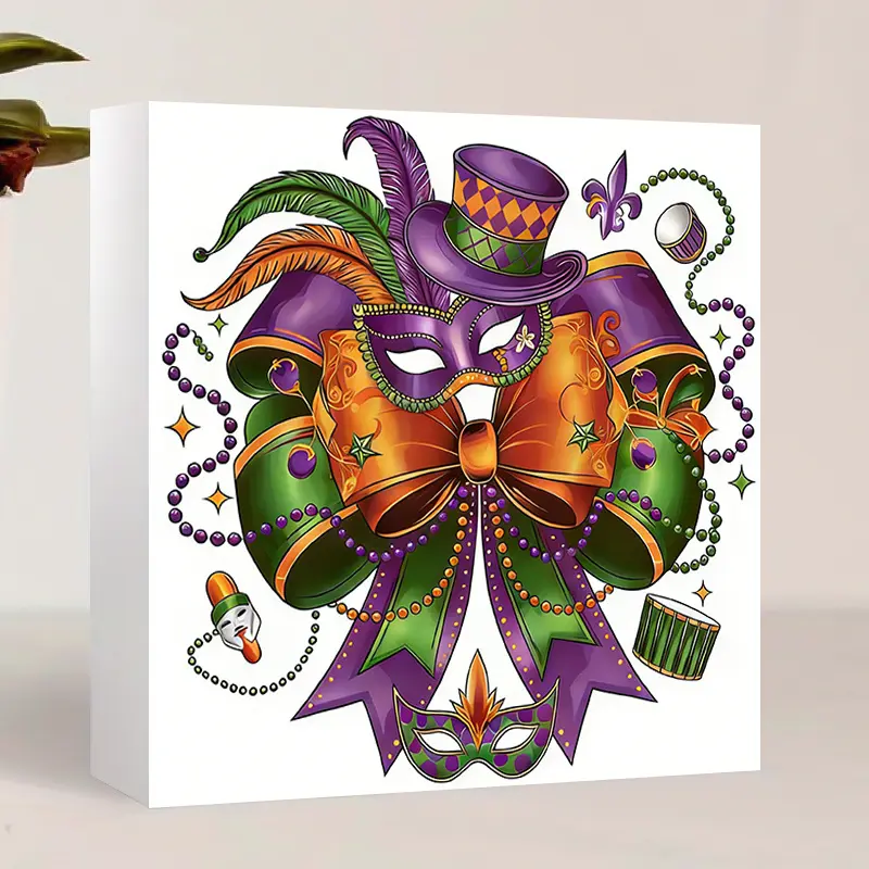 Mardi Gras Decorations PVC Signs - Masquerade Mask, Crawfish & Beads Design - Purple Green Gold Tiered Tray Decor - Fat Tuesday Party Home Tabletop Centerpiece, NOLA Style Shelf Sitters for Kitchen, Coffee Bar & Office