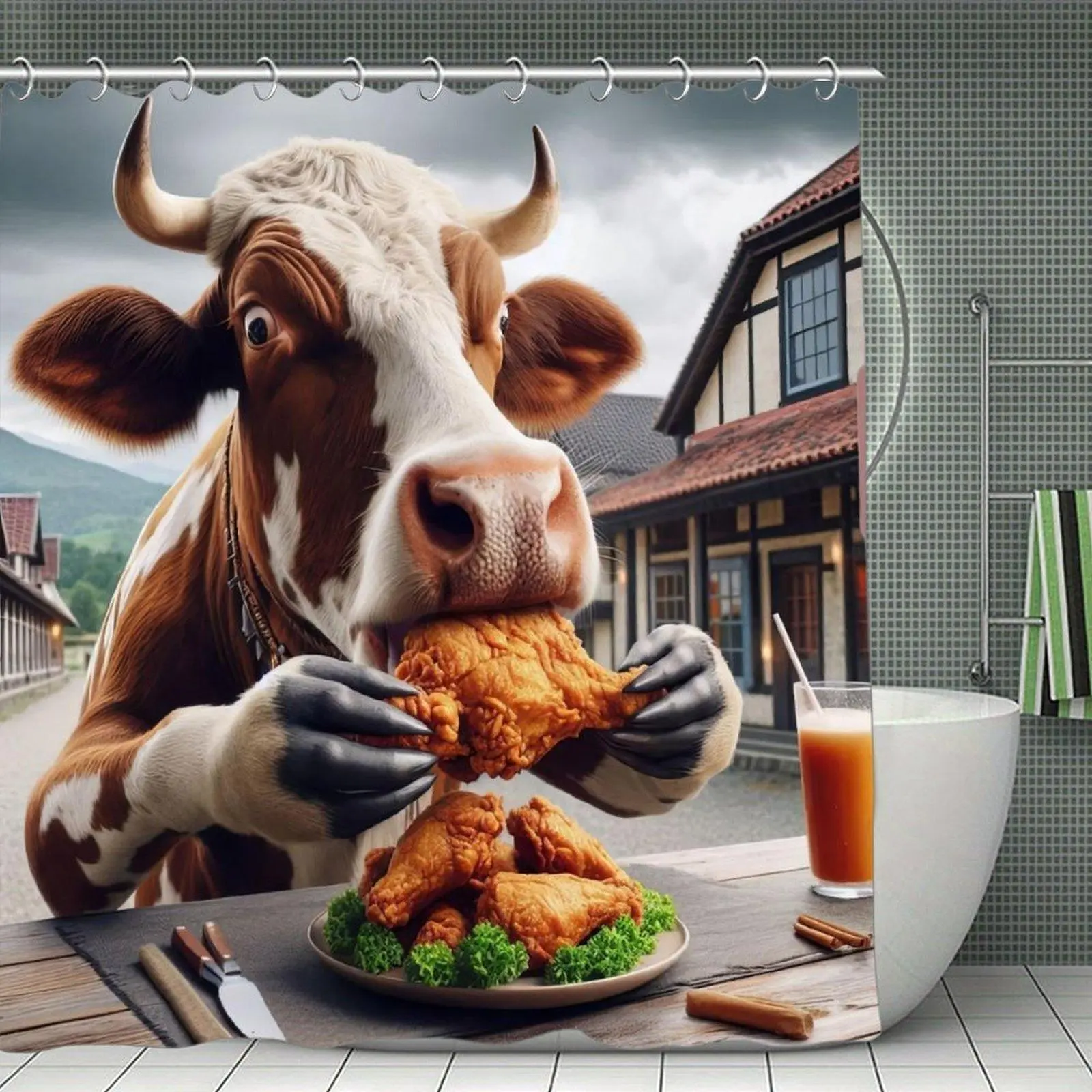 Whimsical Cow Eating Fried Chicken Stainless Decorative Shower Curtain, Home Bathroom Decor Supply