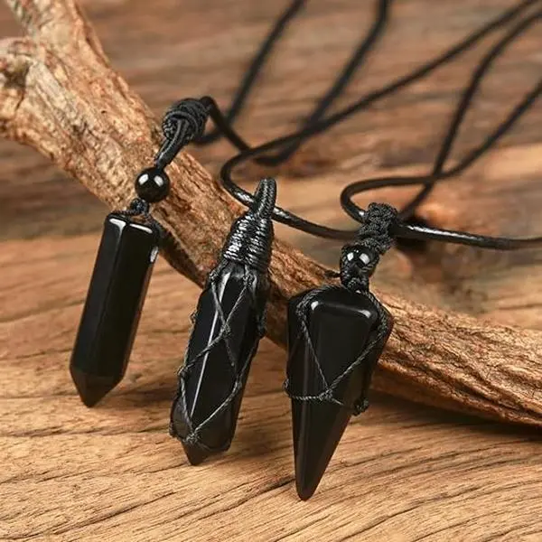 Natural Black Obsidian Hexagonal Point Healing Crystal Amulet Pendant, Adjustable Rope Necklace for Men - Semiprecious Stone Jewelry for Reiki Energy Use, Necklaces