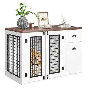 Elegant Wooden Dog Crate Furniture with Double Doors, Storage Drawers, Side Cabinet – Durable Heavy Duty Indoor Kennel End Table for Small, Medium & Large Dogs – Stylish Pet Cage, White