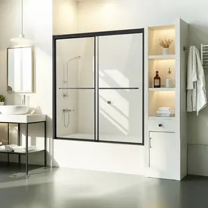 Bathtub Shower Door With Adjustable Width 50 To 60 Inches And 60 Inches High, Semi-Frameless Bypass Tub Door Black, Glass Shower Screen For Standard Tubs, Reversible Sliding Door System, Durable Aluminum Frame