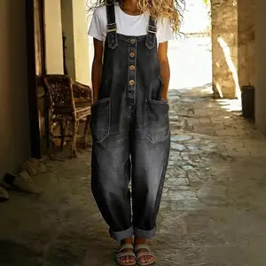 Women's Fashionable Retro Distressed Loose-Fitting Casual Denim Jumpsuit Romper Overalls with Adjustable Buckles, Full-Length Loose Fitting Overalls, Women's Clothes
