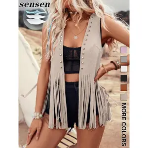 Women's solid color tassel trimmed open vest jacket, casual and fashionable denim effect torn vest, suitable for daily outdoor wear, spring and autumn women's clothing, topRAIMENTRY