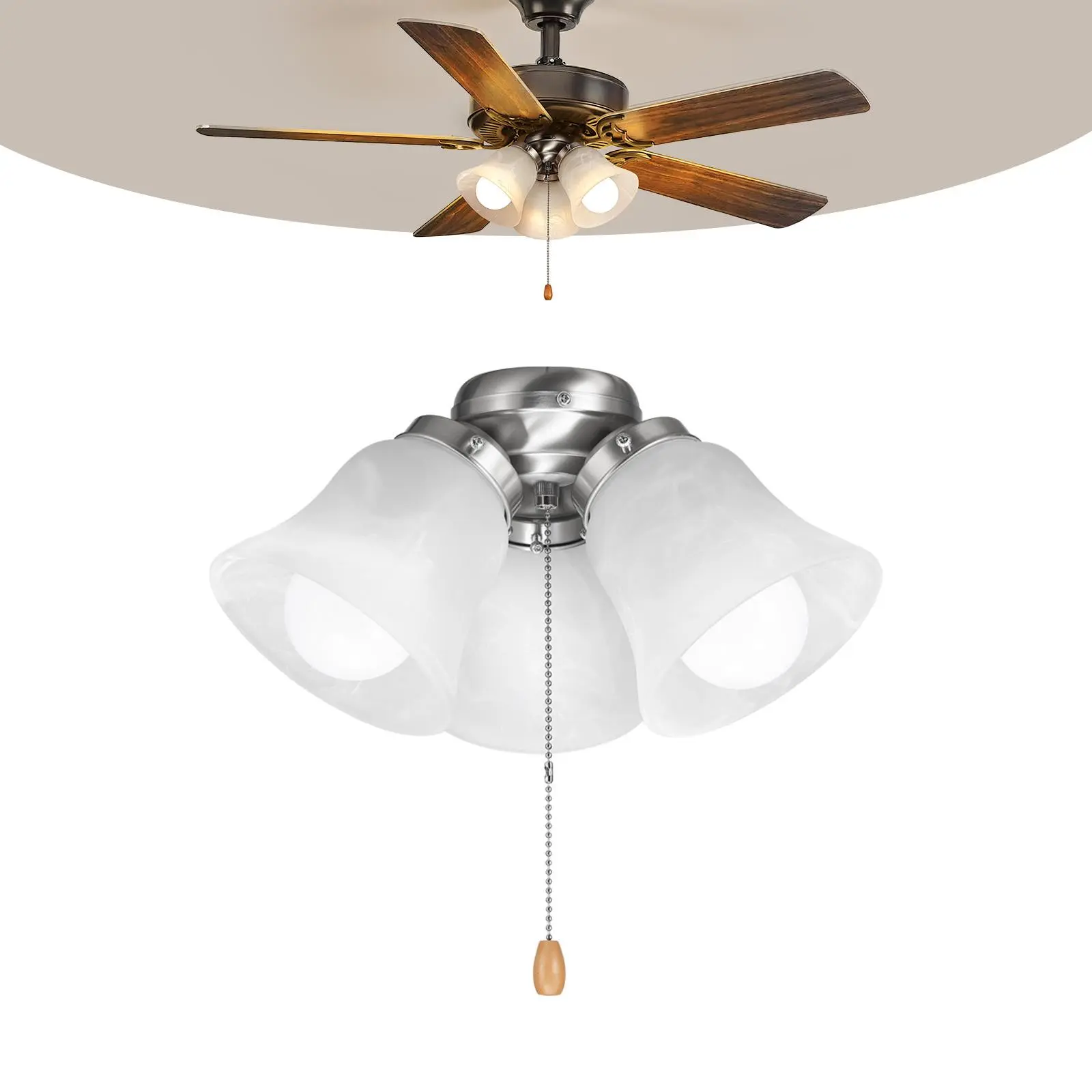 【Summerfinds】VEVOR Ceiling Fan Light Kit, Three-Light 3000K 750lm Fan Light Kit with Pull Chain, Replacement Fixture for Living Room, Bedroom, Dining Room, Home Decor, Cloud White Glass & Brushed Nickel Finish