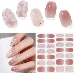 Semi Cured Gel Nail Strips | 28 pcs Gel Nails Strips Work with Any UV Lamps, Long Lasting UV Nail Stickers for Women DIY Nails Wraps(Pink Flower)