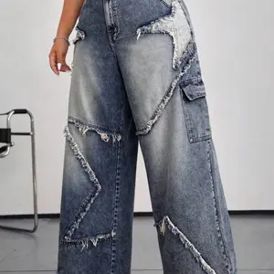 Plus Size Women's Street Style Wide Leg Boyfriend Jeans With Star Patches, Blue Back To School Cargo Women 4th Of July Jeans Womenswear Bottom Streetwear Pants Denim Pockets Comfort Trouser Comfortable Everyday Overall Fit Casual Minimalist Basic