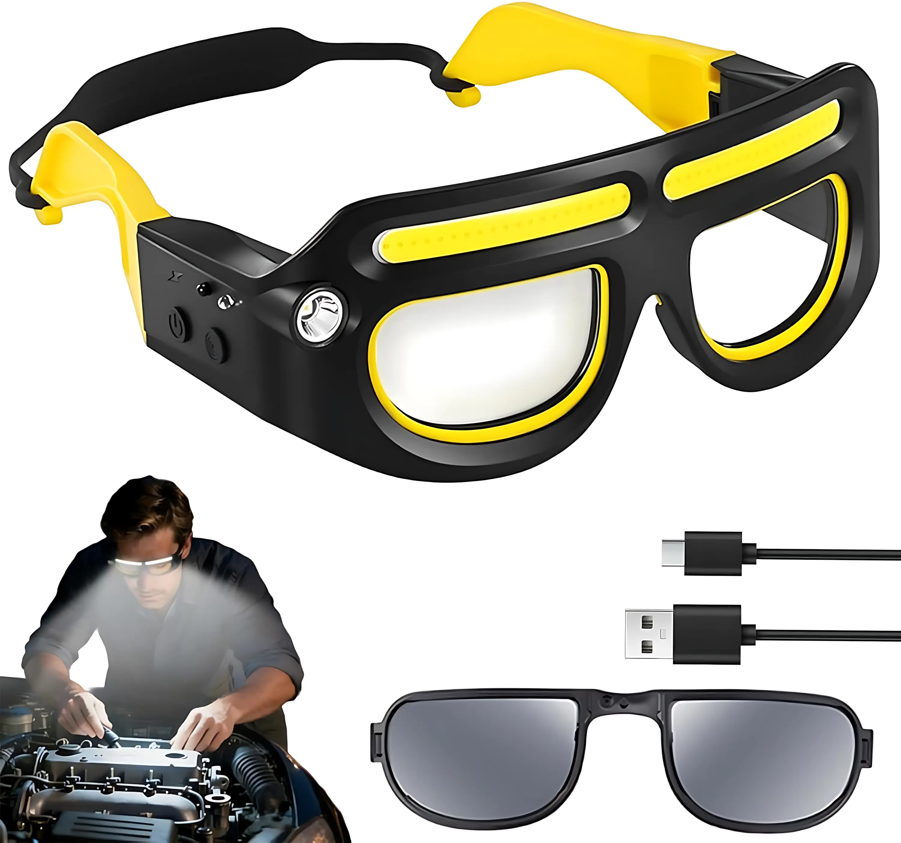 Rechargeable LED Glasses Headlamp Flashlight, 5-Mode Ultra-Bright Waterproof Cordless Headlamp with Motion Sensor, 230° Wide Dual Beam Adjustable Brightness USB Charging for Running, Night Work, Waterproof Headlamps