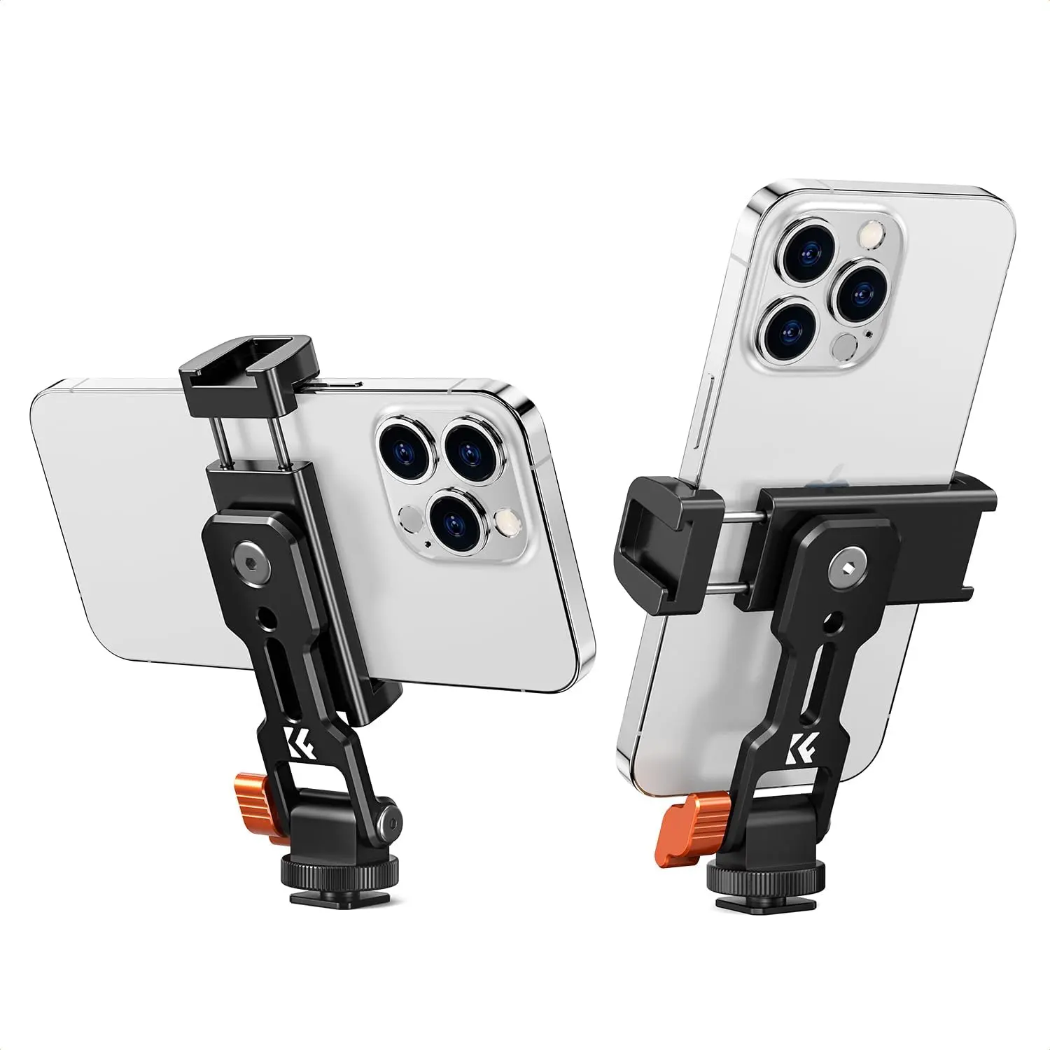 【DealsForYouDays】K&F CONCEPT Metal Mobile Phone Tripod Mount, Aluminum Universal Adjustable Holder with 2 Cold Shoes & Threaded Design, Silicone-Lined Stand for Horizontal/Vertical Shooting, Compatible with Any Size Smartphones, Pads