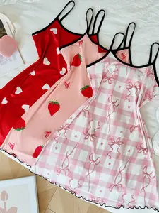 Stylish Women's Sleeveless Camisole Dress, Mixed Colors & Strawberry Print, Comfortable Casual Sleepwear Set, 3-Pack Womenswear, Cami Nightdress