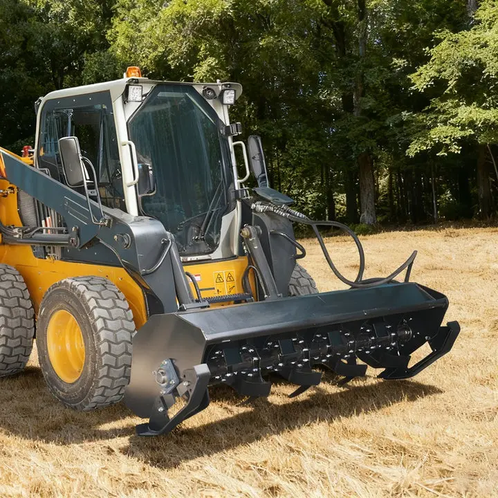 LANDY 72" Bi-Directional Rotary Tiller Skid Steer Farm Attachment - 3046 psi, 864lb, Hydraulic Soil Cultivator with Hardened Steel, Direct-Drive Motor, Adjustable Shoes, Included Coupler for Soil Prep, 71.37*35.10*29.37In, Flat Face Couplers, Hose Protect