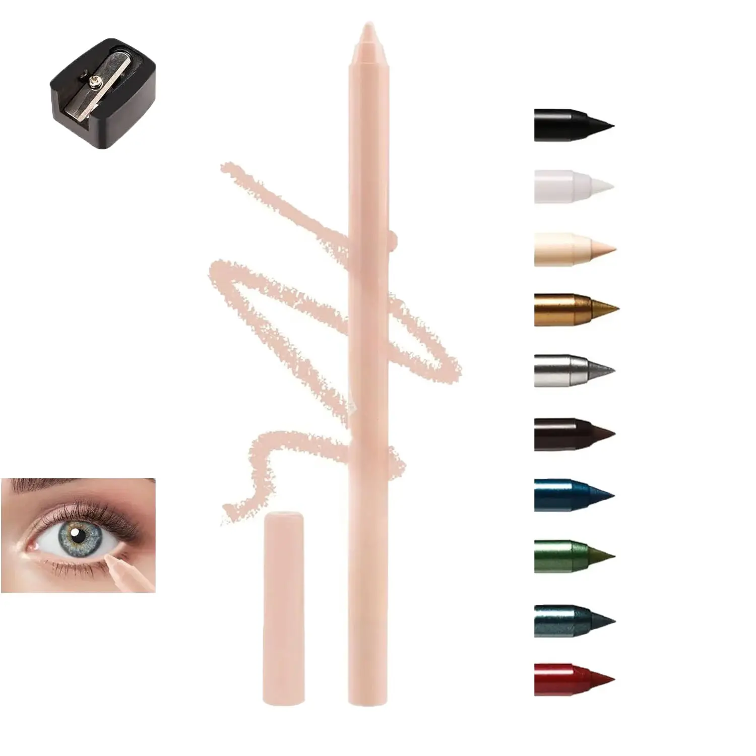 Nude Peach Waterline Gel Eyeliner Pencil, Waterproof Smudge-Proof Long Lasting Eye Brightener Liner Pen with Sharpener, Soft Cream Rich Color Makeup Liner Safe for Sensitive Eyes