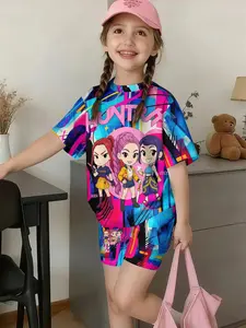 Girls' Neon Cyberpunk Gradient Sportswear Set, Casual Homewear, Slim-Fitting Short Sleeve Top, All over Print, Natural Waist Shorts, Sporty Style Clothes, Youth Shorts