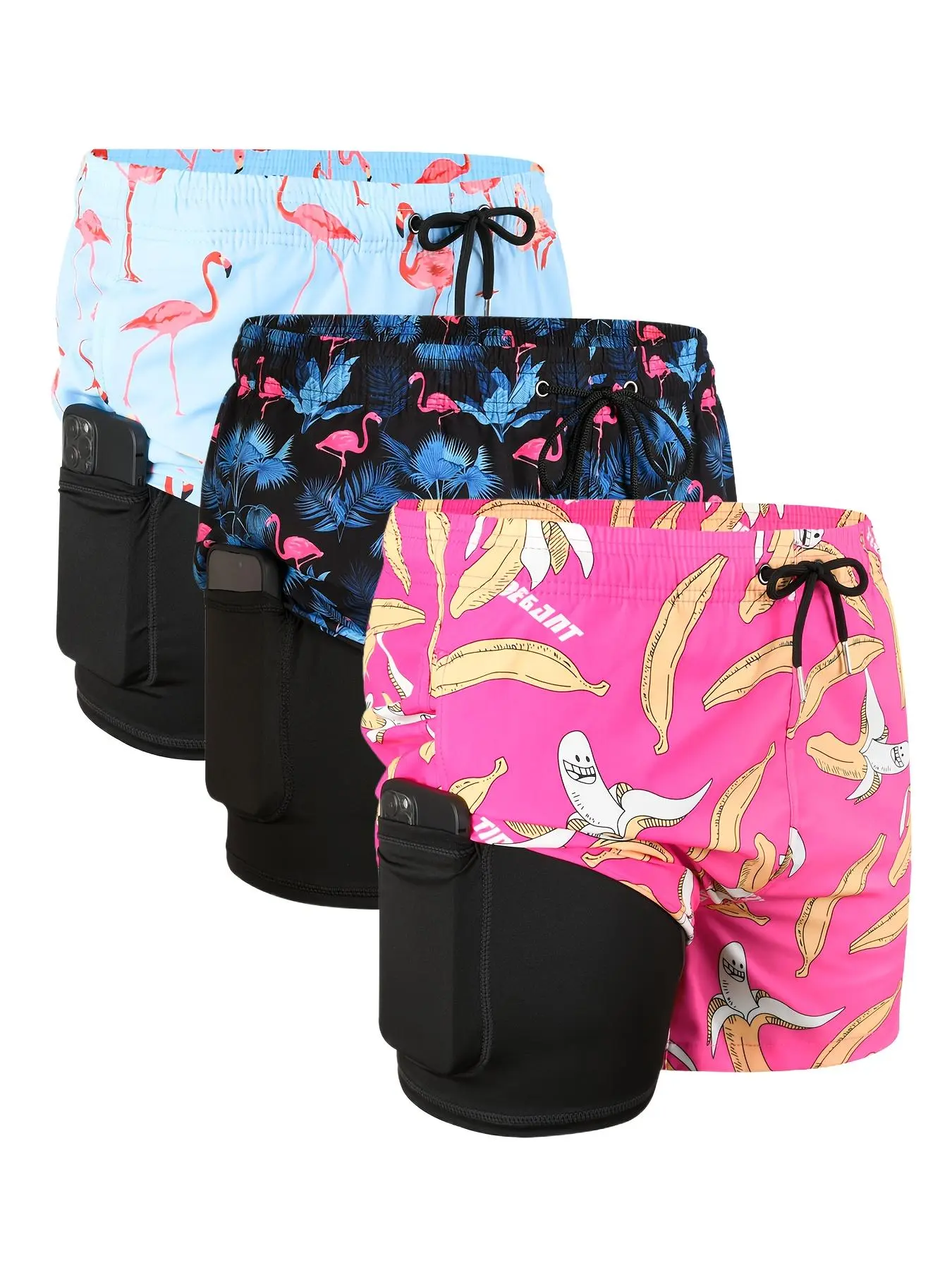 Men's Flamingo & Palm Tree Print Boxer Brief Swim Trunks, Casual Comfy Swim Shorts for Beach Swimming, Men's Swimwear for All Seasons, Printed Swim Trunks, Summer Swim Trunks