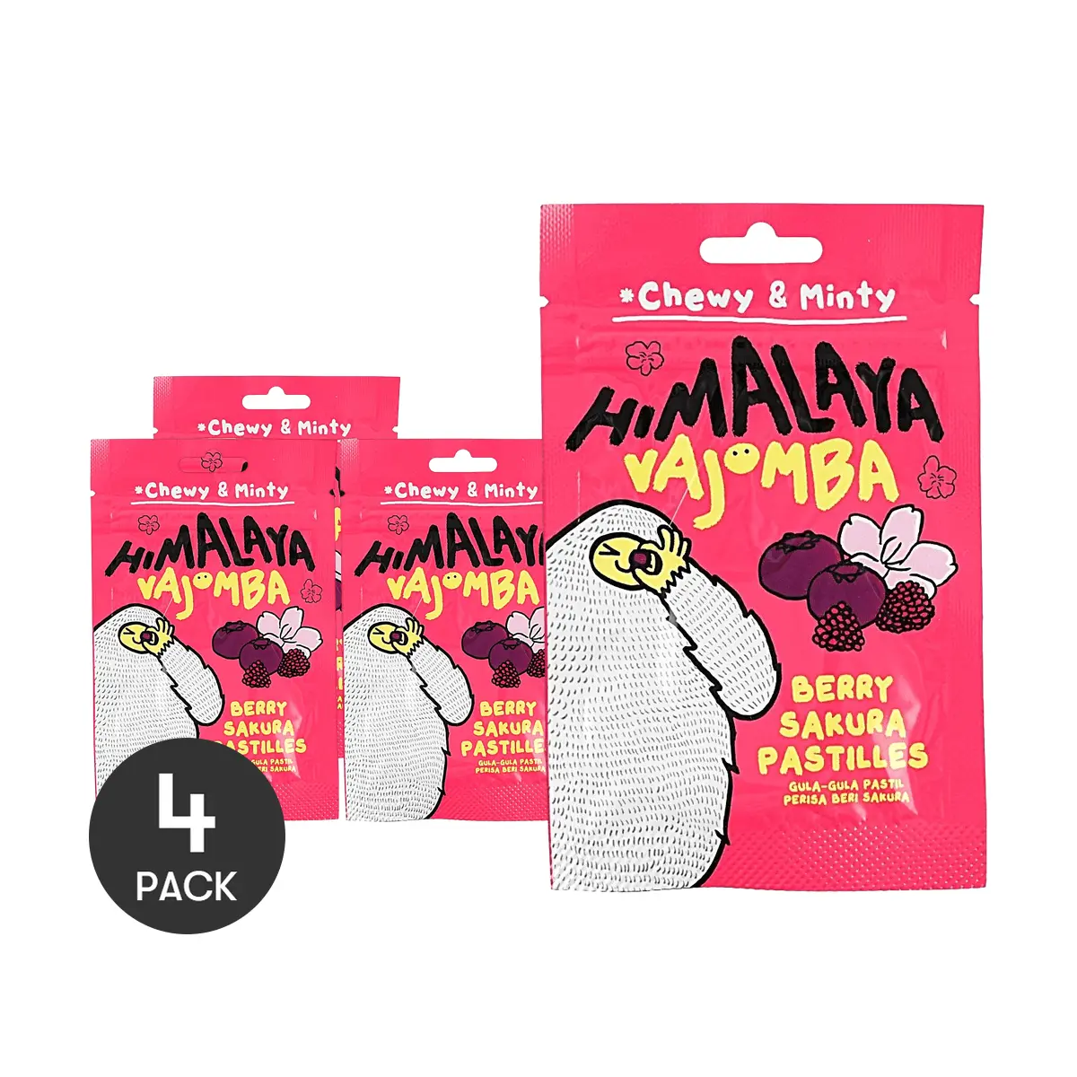 4 Pack BIG FOOT Malaysian Berry Sakura Mint Gummies 25g Each - Fruity Floral Refreshing Candy