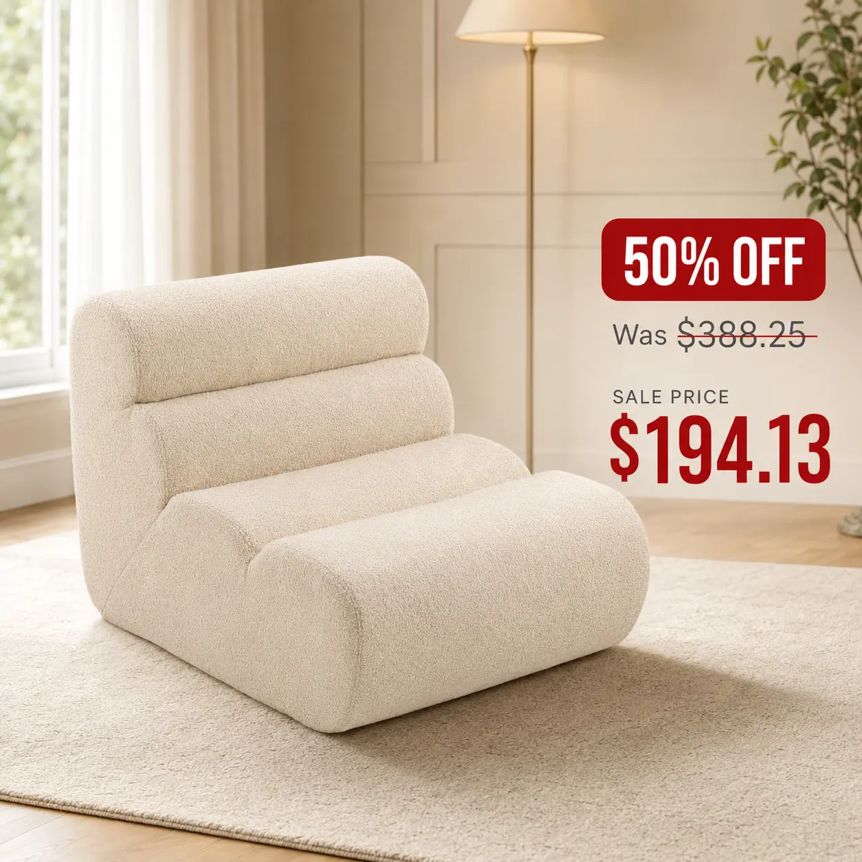 Compressed Foam Lounge Chair, Caterpillar-Inspired Boneless Chair with Deep Seat, Layered Back Support and Soft Textured Upholstery, No Assembly Floor Sofa Chair for Living Room & Bedroom