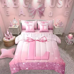 Kids Pink Bowknot 7 Pieces Bedding Set,Teens Girls Princess Initial Comforter Bed Set with Sheets,Monogrammed Glitter Bow Bed Bag