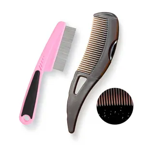 Stainless Steel Fine Tooth Lice/Flea Comb, Psoriasis Comb, Scalp Oil Buildup Removal Wide Hollow Tooth Button Hairbrush for Scalp Massage Care for Man Women and Kids, Set of 2 (Pink)