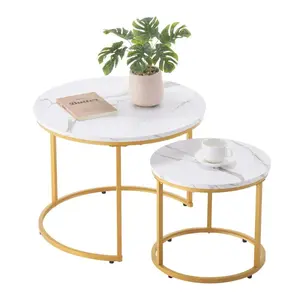 Nesting Coffee Table Set of 2, 23.6 in Round Coffee Table, Nesting Tables for Small Place, Vintage End Side Tables Night Stand with Metal Frame, for Living Room, Bedroom, Office (White & Gold)