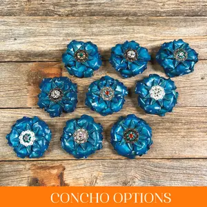 Turquoise Gardenia Leather Flowers - 1" Crystal Conchos - Options