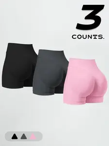 3-pcs Shorts Set Women's Seamless High Waist Gym Shorts Set, Athletic Shorts, Butt Lifting Design, Elastic Nylon Sportswear for Running & Exercise,