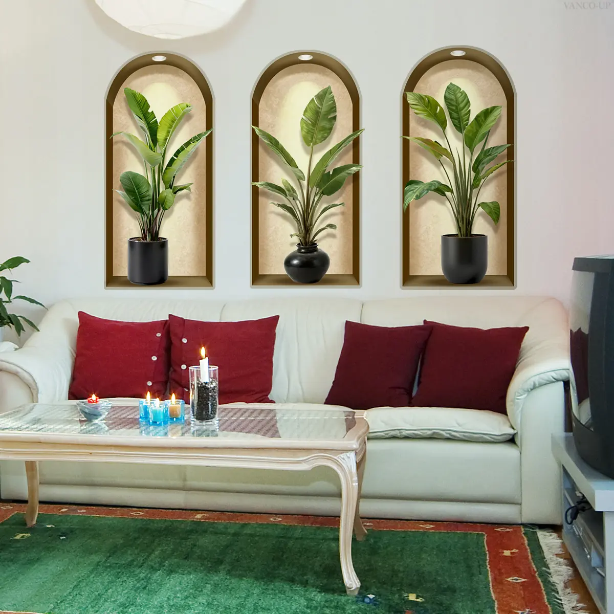 A set (30*60cm*3pcs) of hand-painted leaf potted plant triptych wall stickers, suitable for bedrooms, living rooms, self-adhesive, Sticker Decoration, Home Decor