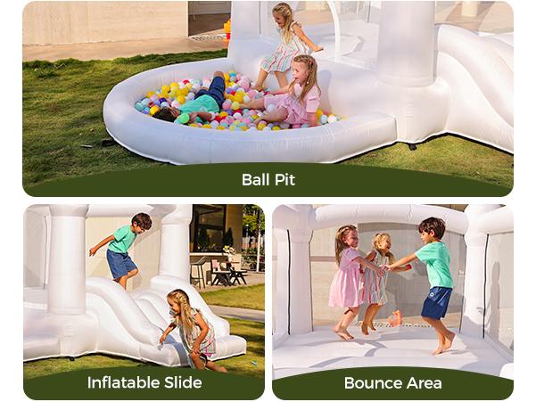 Outfunny White Bounce House with Slide, Inflatable Bouncy House for Kids 3-8 w/Ball Pit, Outdoor & Indoor, Bounce Area 8'x8', Capacity 400 lb