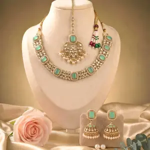 Indian Polki Jewelry Set, Choker Necklace with Jhumka Earrings & Maang Tikka | Royal Bridal & Wedding Guest Tradition Jewelry Pack