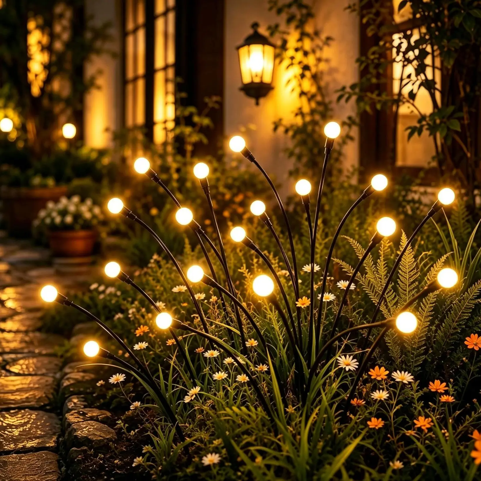 Outdoor Solar Firefly Lights, 4/8 Pack (32/64 LED Heads) - Stainless Steel Water-Resistant Outdoor Wall Lights with Eco-Friendly Solar Batteries, Auto On/Off Whimsical Garden Landscaping Accessories