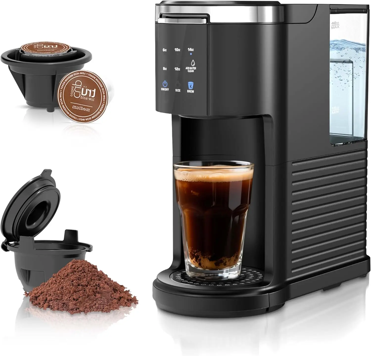 Single Serve coffee  machines for Capsule and Ground Coffee, 6 to 14oz Brew Sizes, 40oz Removable Reservoir, Fast Brew, Compact Design, Travel Mug Friendly, Black