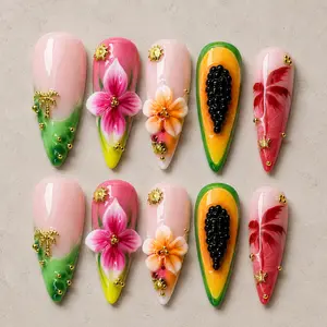 Luxury Tropical Press On Nails Handmade Summer Floral Nail Set Pink Hibiscus Papaya Fruit Vacation Beach Nails Reusable Stiletto Glue On Acrylic False Nails