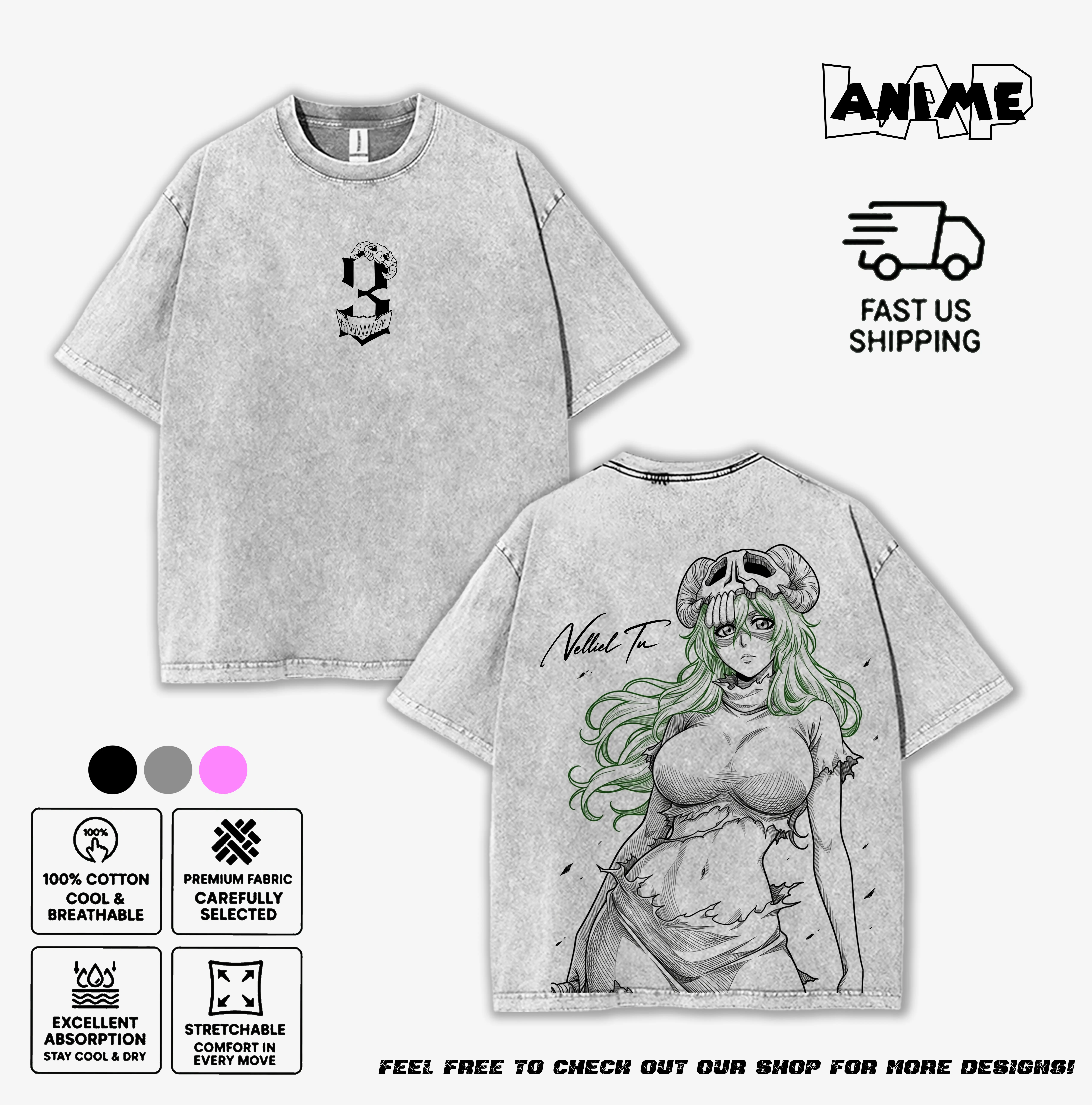 Bleach Nelliel Tu Odelschwanck Washed Tee Anime Skull 3 Graphic T-Shirt Vintage Streetwear for Men Women