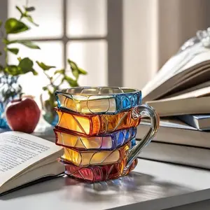 3D Painted Book Glass Cup | Unique Colorful Stackable Coffee Mug | BPA Free Reusable Glass | Hot & Cold Drinks Compatible | Novelty Design for Iced Coffee Latte Tea Beverages Home Office Decor Ideal Gift for Book Lovers