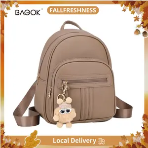 BAGOK Mini Backpack Purse with Tassel and Cute Doll Keychain, PU Leather Small Waterproof Backpack for Women, Large Capacity Triple Zipper Design, Stylish & Durable for School, Travel, Work, or Gift for Women's Pebble Leather Court Backpack