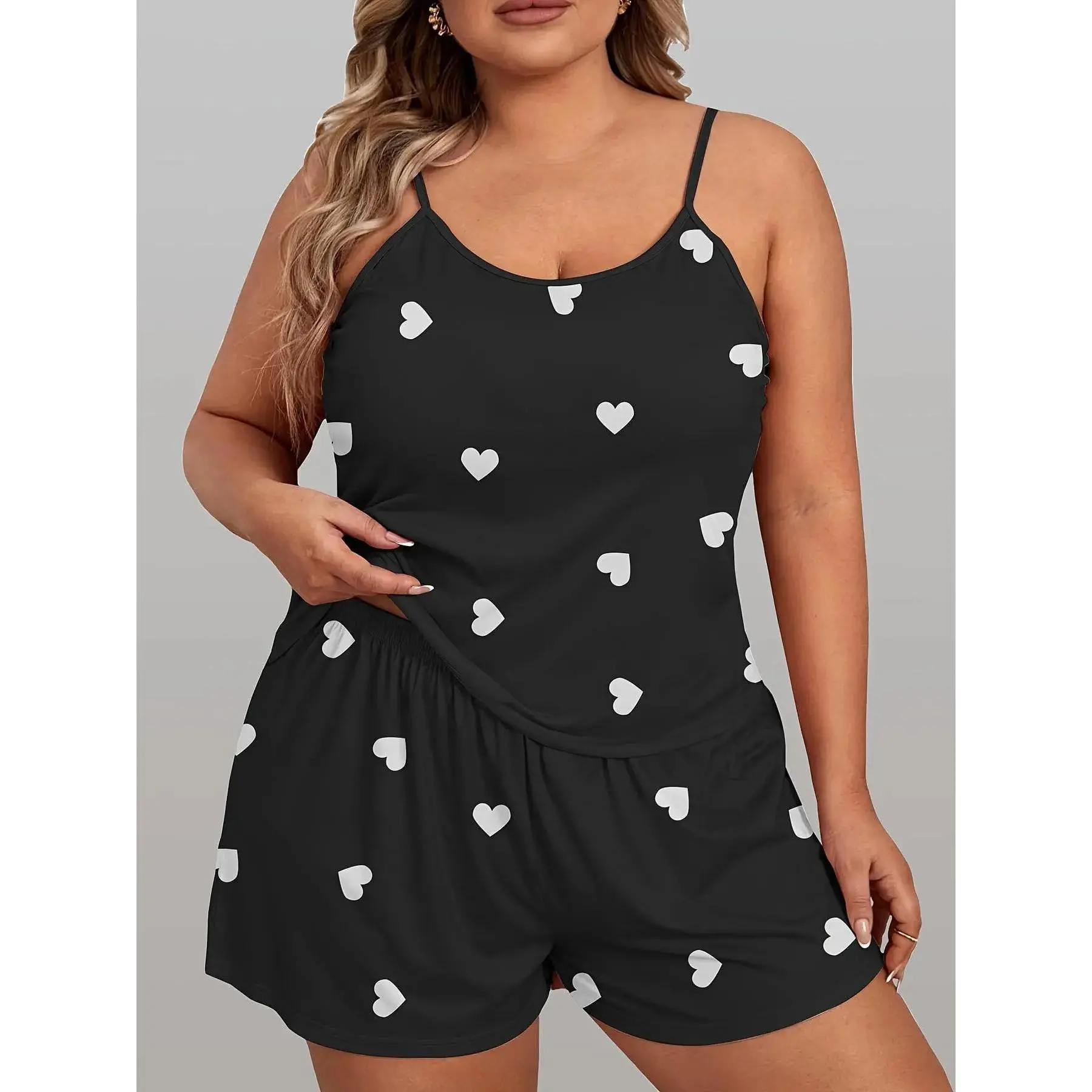 [Plus Size] Women's Heart Print Pyjama Set, Casual Comfy Cami Top & Elastic Waist Shorts Pj Sleepwear for Summer, Basic, Coord Set, Versatile, Comfort, Wear, Style, Outfit, Essential, Trendy, Chic, Elegant