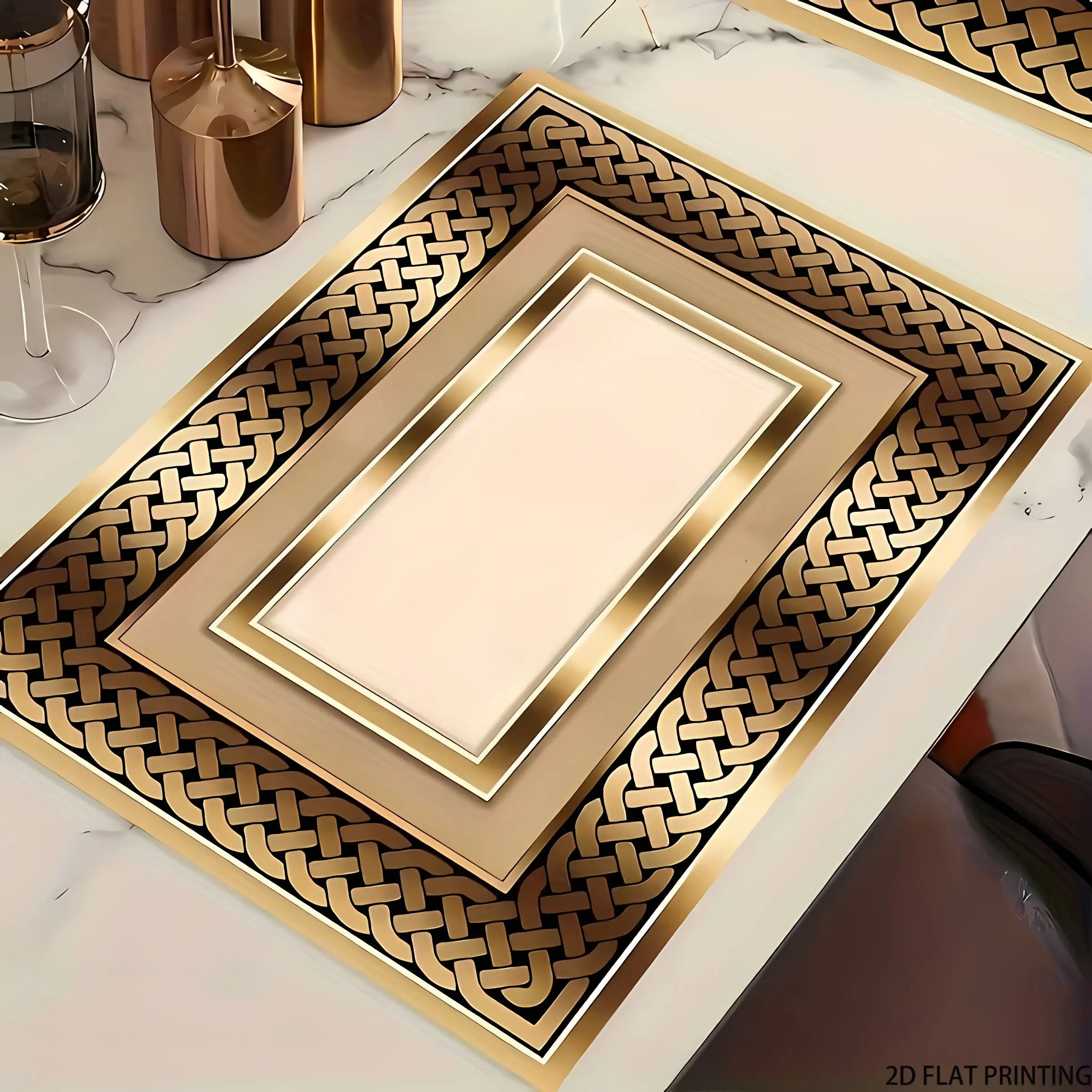 2D flat printing, 2-piece/4-piece/6-piece set gold pattern design linen set Household Placemat, Decorative Coaster, perfect for holiday banquets and daily kitchen dining tables and coffee tables, home decoration