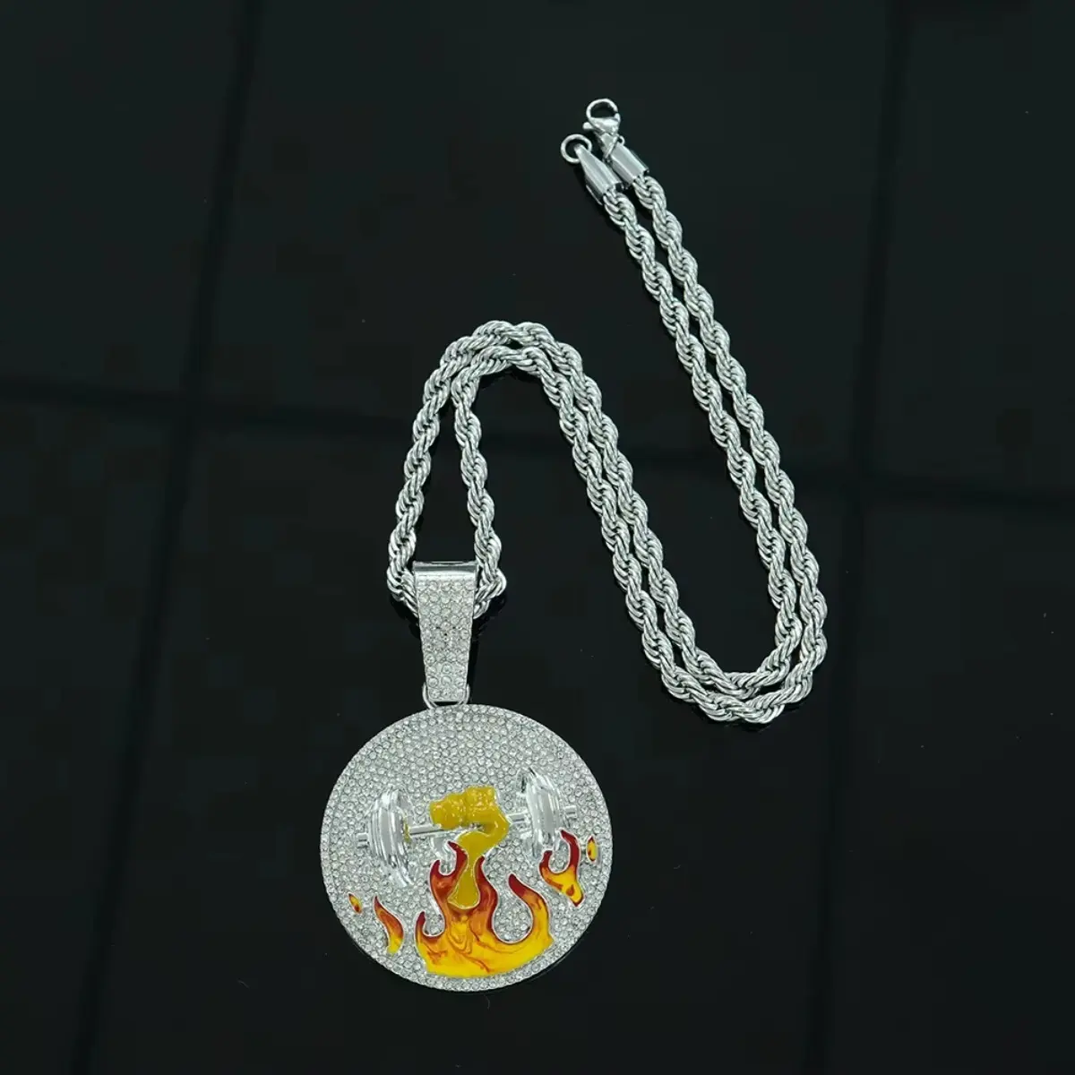 Mens Hip Hop Pendant Iced Out Dumbbell Chain Flame Design Bling Gold Gym Fitness Jewelry Necklace Men Stainless Steel Cross Pendant Hiphop Statement Chunky Chain Jewelry For Men Workout Gift