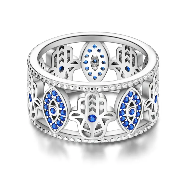 Women's Silver-Plated Vintage Hamsa Hand & Evil Eye Dual Protection Ring - Blue Spinel Cubic Zirconia Witchy Bohemian Rings, Skin-Friendly Metal Ancient Symbol, Ready-to-Gift Daily Wear for Anniversary, Birthday