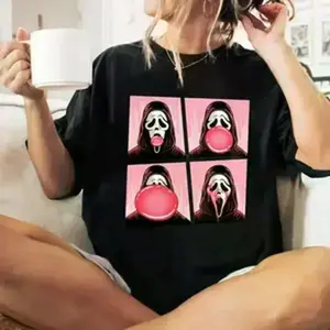 Ghostface Bubble Pink Gum Halloween Shirt - Vintage Graphic Tee for Scream Movie Fans | Casual Country Concert Outfit, Summerween Comfort Crewneck | 100% Cotton Black T-Shirt for Men & Women