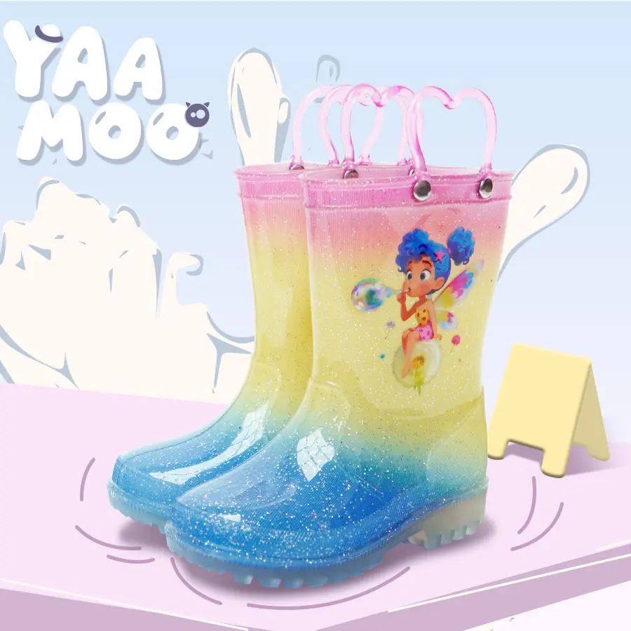 Girls' Rain Boots with Handles, Waterproof Rainproof Non-Slip Gradient Unicorn Kids' Rain Shoes, Rainy Days, Pvc, Child, Mid-Calf, Unicorn Theme, All Seasons