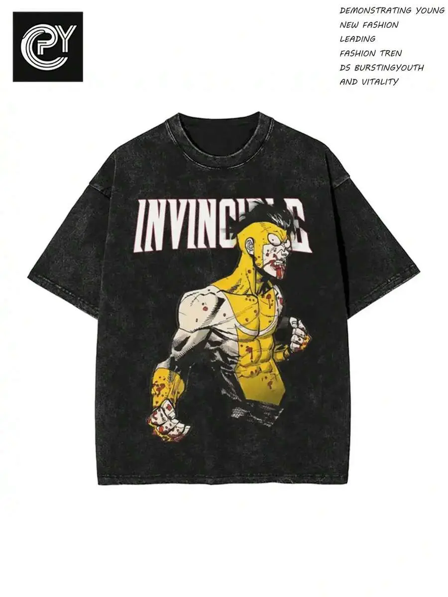 230G Washed Pure Cotton T-Shirt,Men's Superhero Style, With 'Invincible' Comic - Themed Print, Outdoor Sports T-Shirt |Loose Fit |Soft Knitted T-Shirt