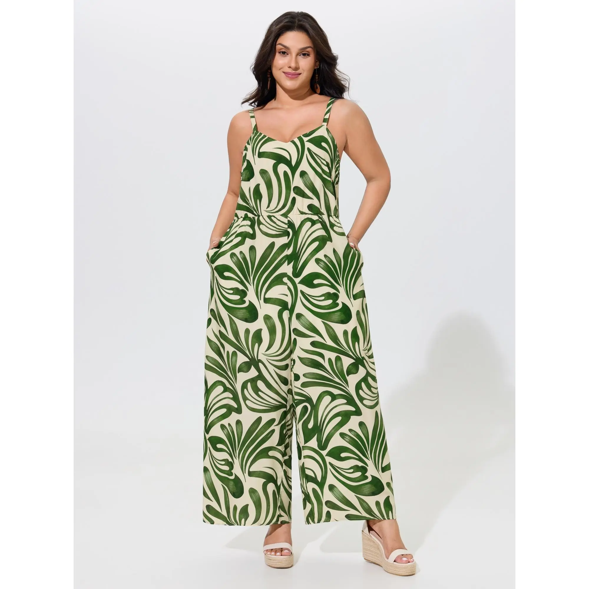 BloomChic Women's Plus Size Resort Jumpsuit - Sleeveless Tropical Print Rayon Overalls with Belt, Pocket, Wide Leg Fit, Smooth Fabric for Curvy Figures