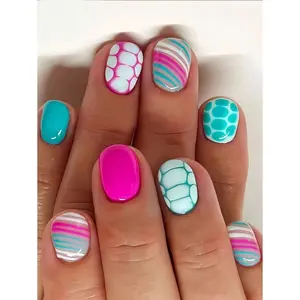 24Pcs Short Square Glossy French False Nails - Elegant Green/Pink/Striped/White Lattice |   Detachable Press-On Manicure Set for Women & Girls |   With Jelly Gel (Random Color) + Files |   Daily Wear Nail Supplies