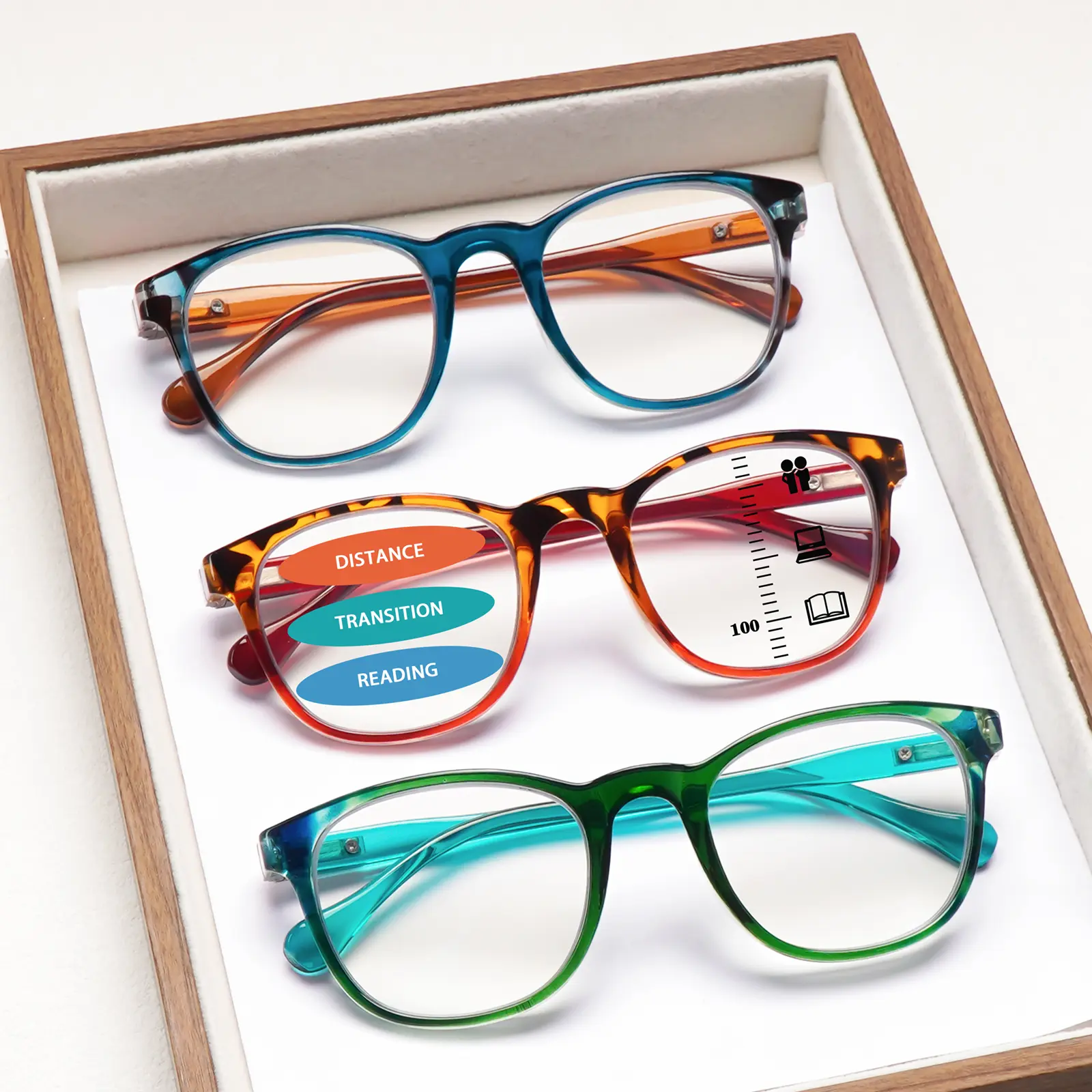 3-piece set of progressive multifocal blue light-blocking reading glasses, retro-chic style, round frames, spring hinges, stylish accessories, durable lenses, suitable for everyday wear