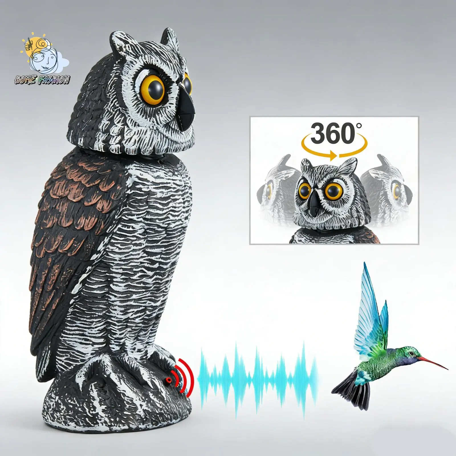 Owl Decoy with Rotating Head, Natural Owl Scarecrow with Frightening Sound to Keep Birds Away