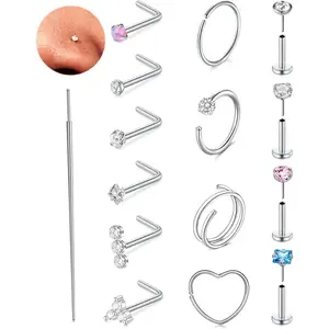 Silver Gold Nose Studs Nostril Piercings Threadless Push in Nose Rings Stud L Shaped Surgical Steel Hypoallergenic Flat Back Helix Earrings Screw Studs Crokscrew Nostril Jewelry for Women Men