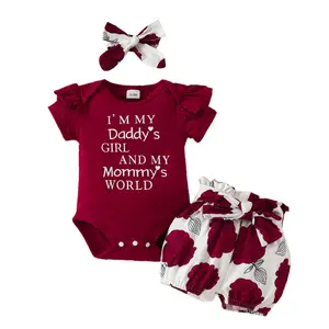 Newborn Baby Girl Daddys Girl Mommys World Short Sleeve Romper Tops Floral Print Shorts Set Summer Outfits