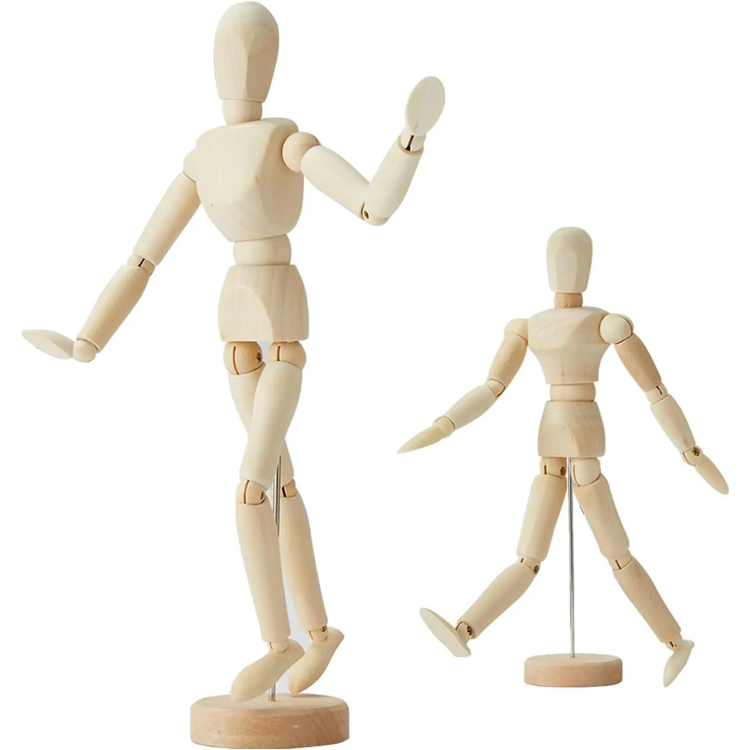 2-Pack Flexible-Joint Artist Wooden Manikin Statue - 8in & 12in Male Human Figure Model for Sketching Drawing Painting, Home Office Desk Decor Ornament Stand, Default
