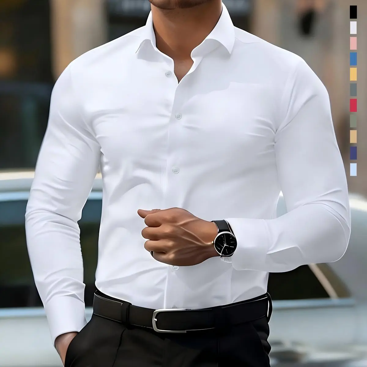 Very slight stretch, almost no stretch—men’s loose long-sleeve shirt, casual business button-front shirt suitable for semi-formal and business-casual occasions, men’s dress shirt lining, #SummerVibes