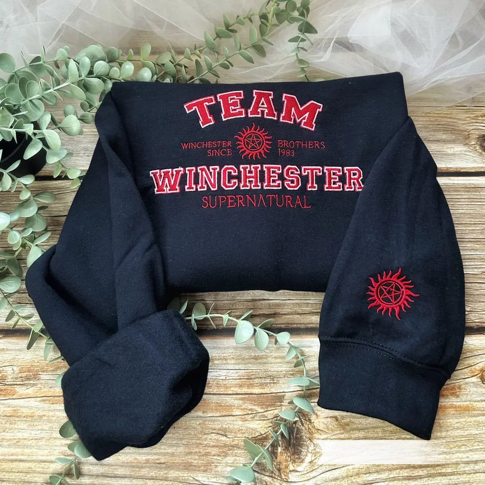 Women's Supernatural Embroidered Hoodie - Casual Fitted Longsleeves Round Neck Sweatshirt, Plus Size Hunter Aesthetic Gift, Fitted Cut Casual Hoodie, Crew Neck