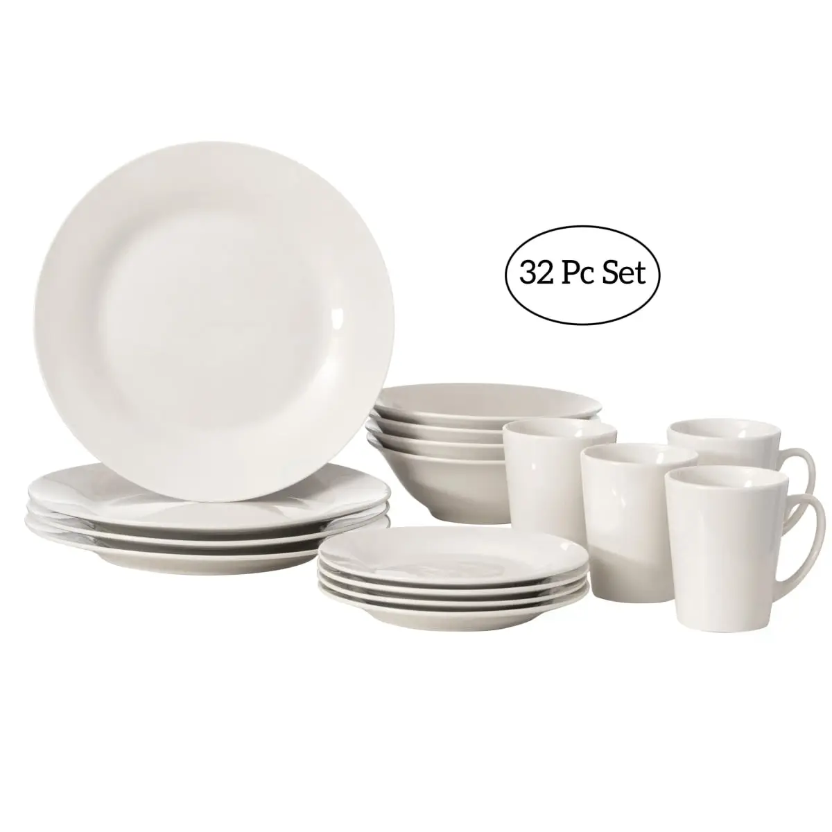Quickway Imports QI004500.2 Modern 32-Piece Reusable Ceramic Dinnerware Set for 8 People, Lightweight Rimmed Mugs, Salad Plates, Dinner Plates, Bowls, Chip-Resistant, Crack-Resistant, Dishwasher & Microwave Safe, White Everyday Tableware